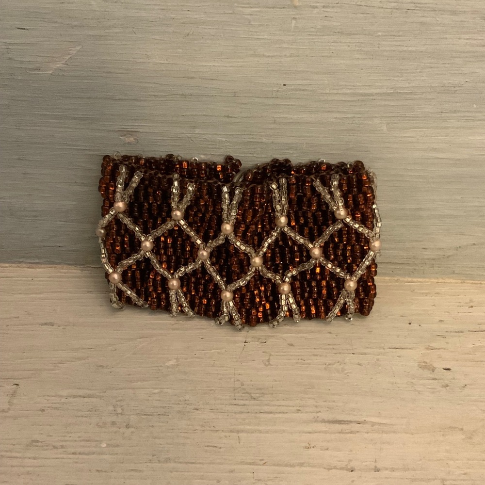 Handmade Copper Toned‎ Beaded Cuff Bracelet w/ Lattice Weave Pattern 7" GC